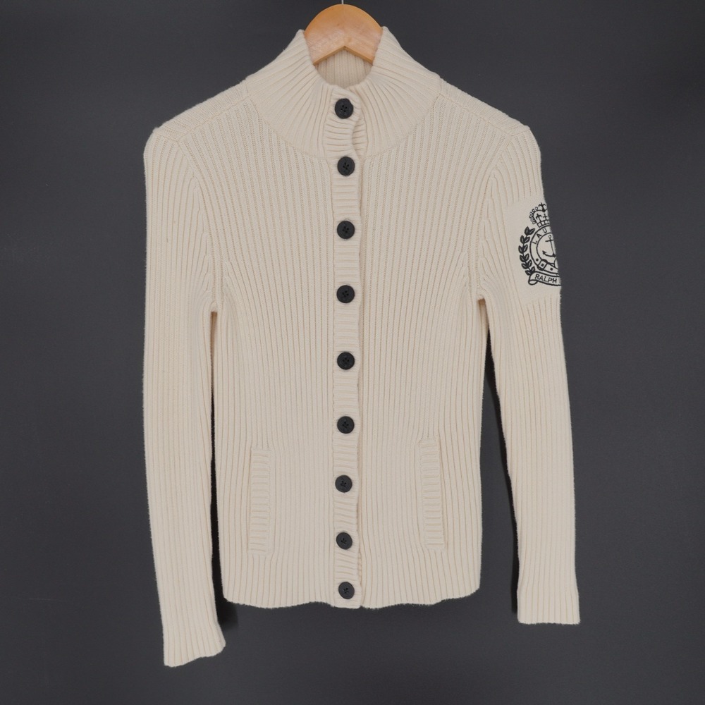 VTG Lauren Ralph Lauren Women's Ivory Ribbed Cardigan Crest Size Small Hong Kong